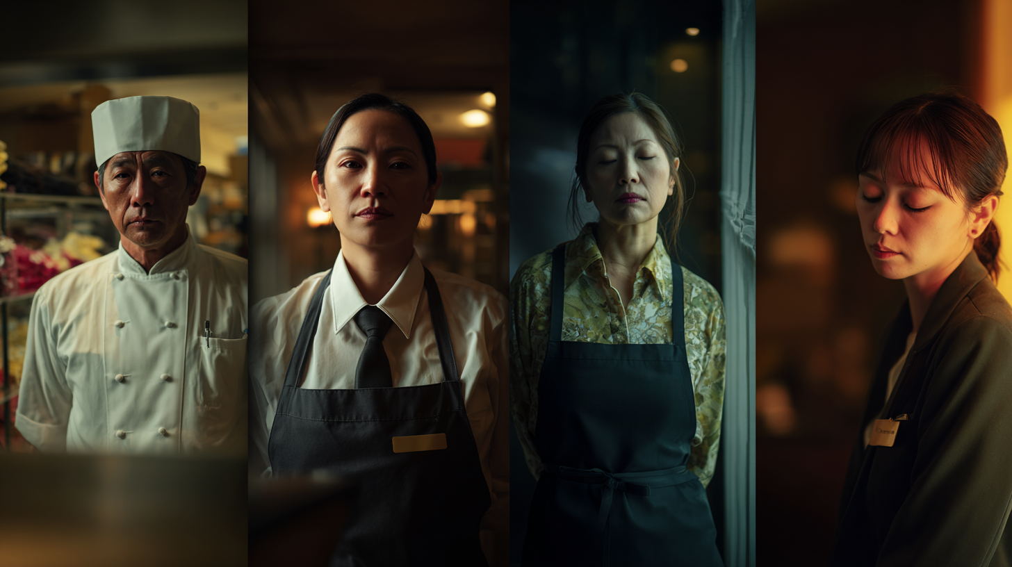 サービス業に多い悩みや業種別の特徴を表現した、飲食・販売・宿泊・介護スタッフの仕事風景イメージ